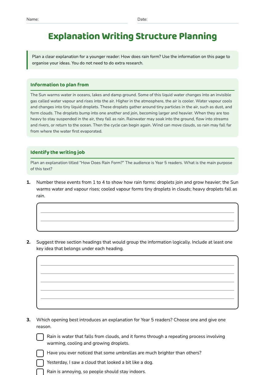 Explanation Writing Structure Planning worksheet preview