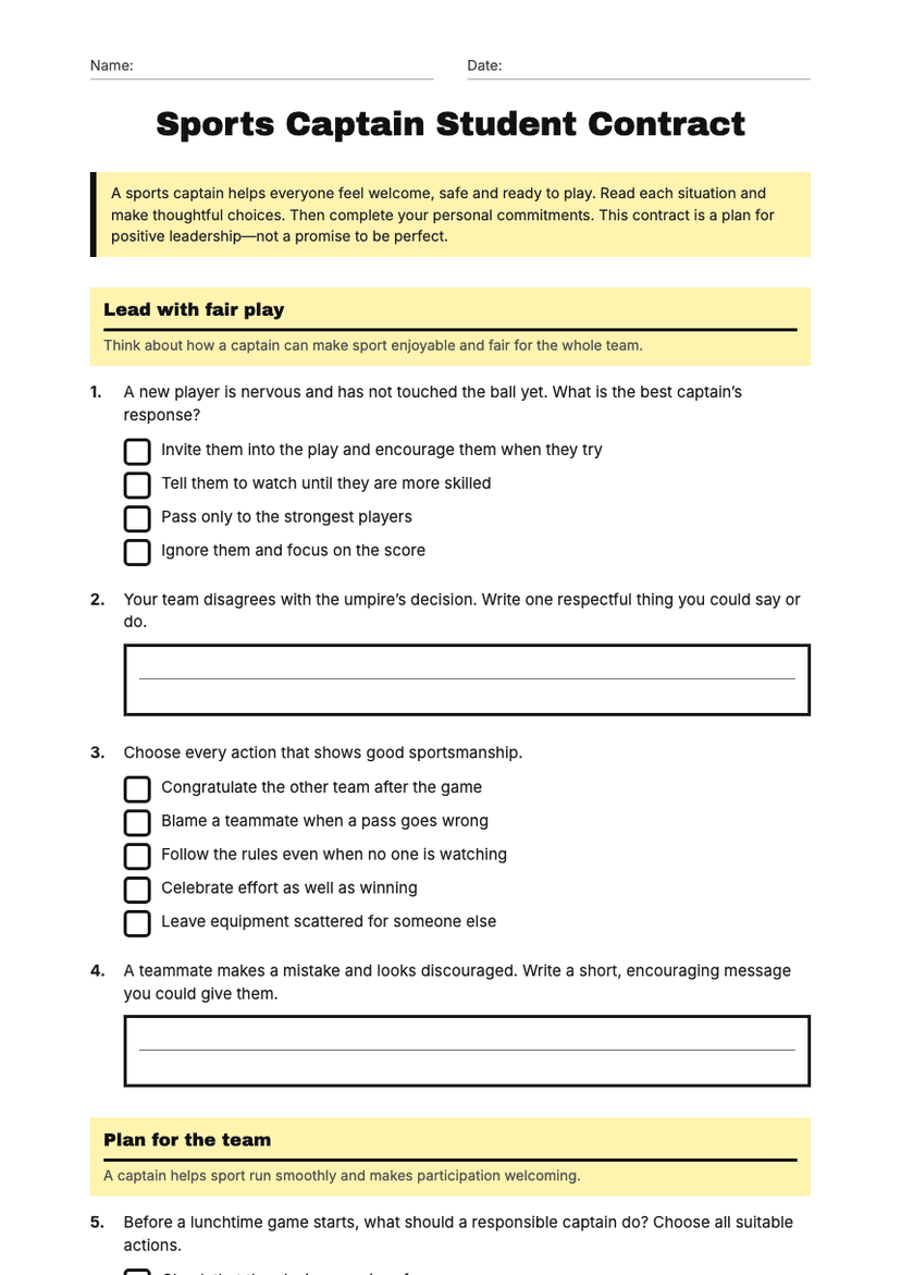 Sports Captain Student Contract