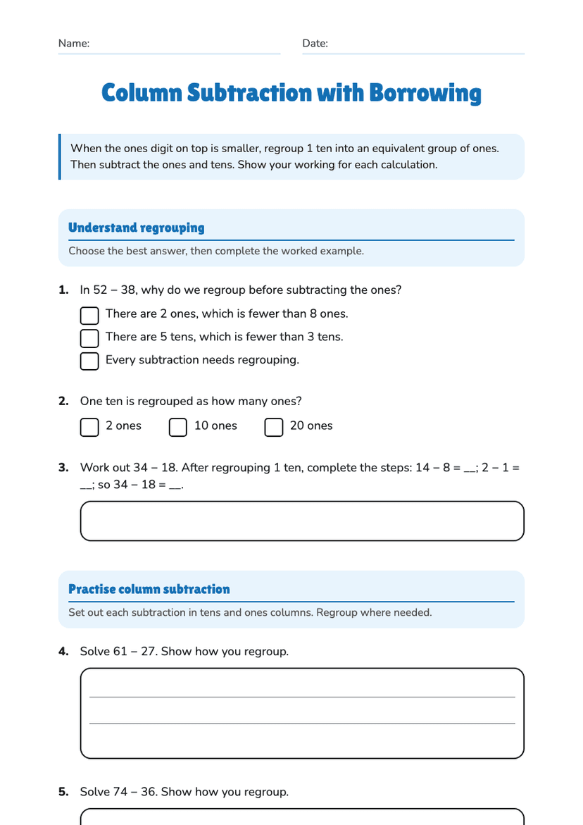 Column Subtraction with Borrowing