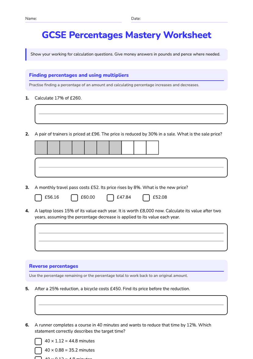GCSE Percentages Mastery Worksheet