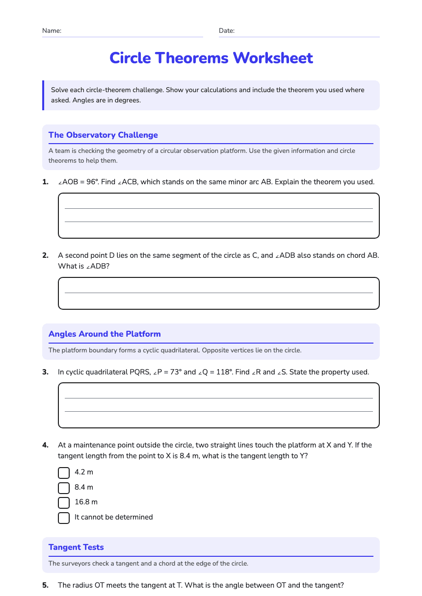 Circle Theorems Worksheet worksheet preview