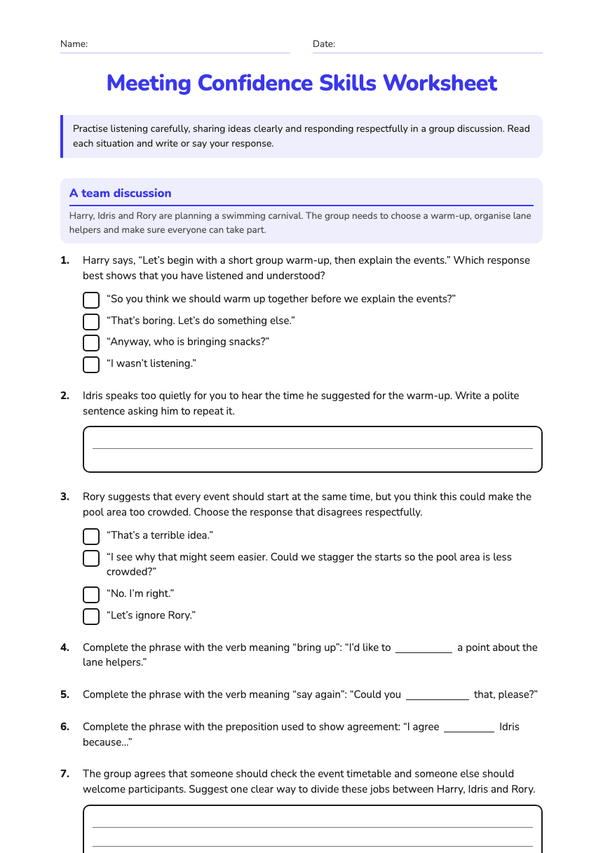 Meeting Confidence Skills Worksheet worksheet preview