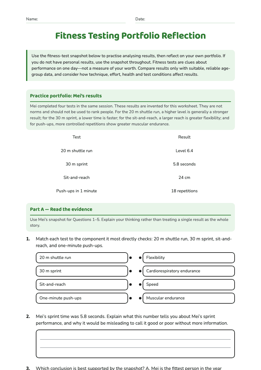 Fitness Testing Portfolio Reflection worksheet preview