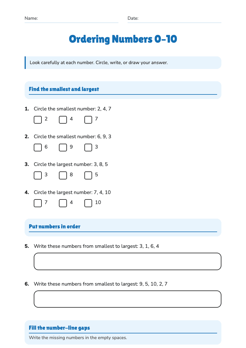 Ordering Numbers 0–10 worksheet preview