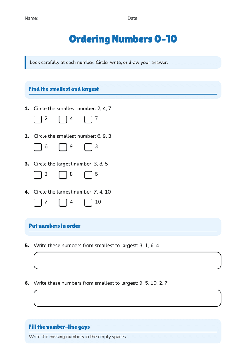 Ordering Numbers 0–10
