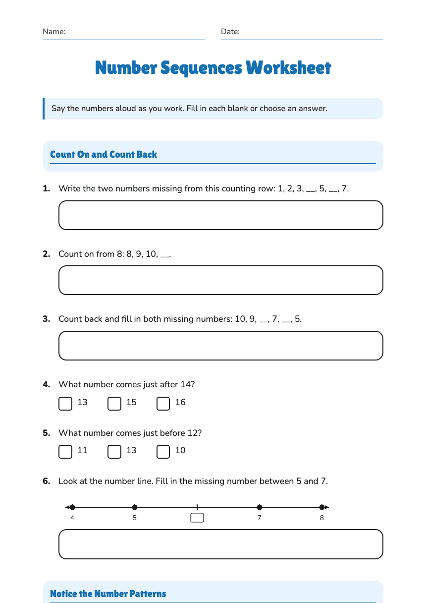 Number Sequences Worksheet worksheet preview