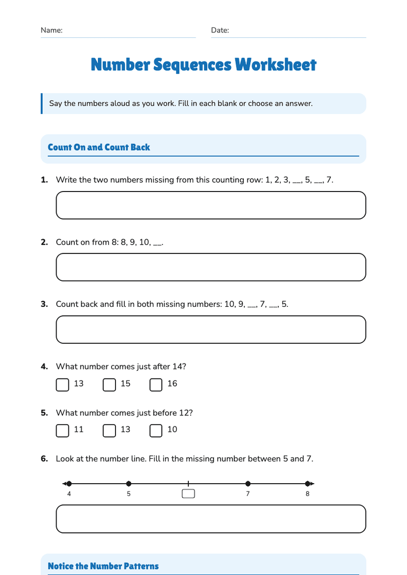 Number Sequences Worksheet