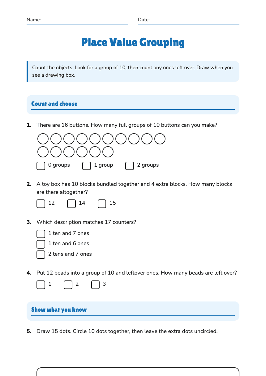 Place Value Grouping worksheet preview