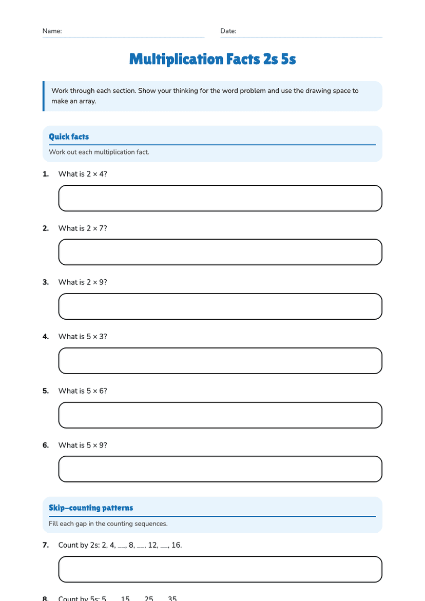 Multiplication Facts 2s 5s