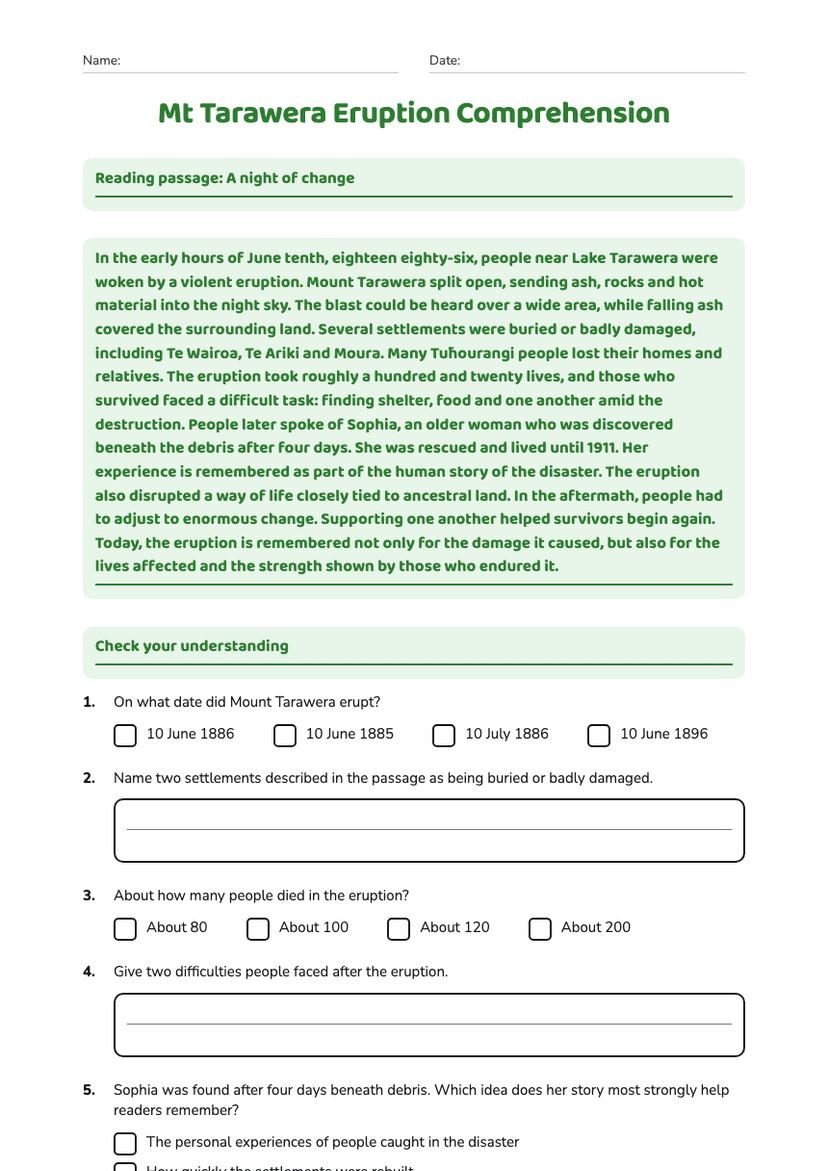Mt Tarawera Eruption Comprehension