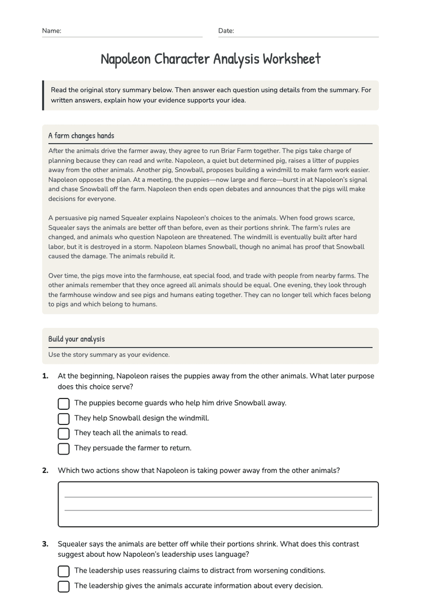 Napoleon Character Analysis Worksheet