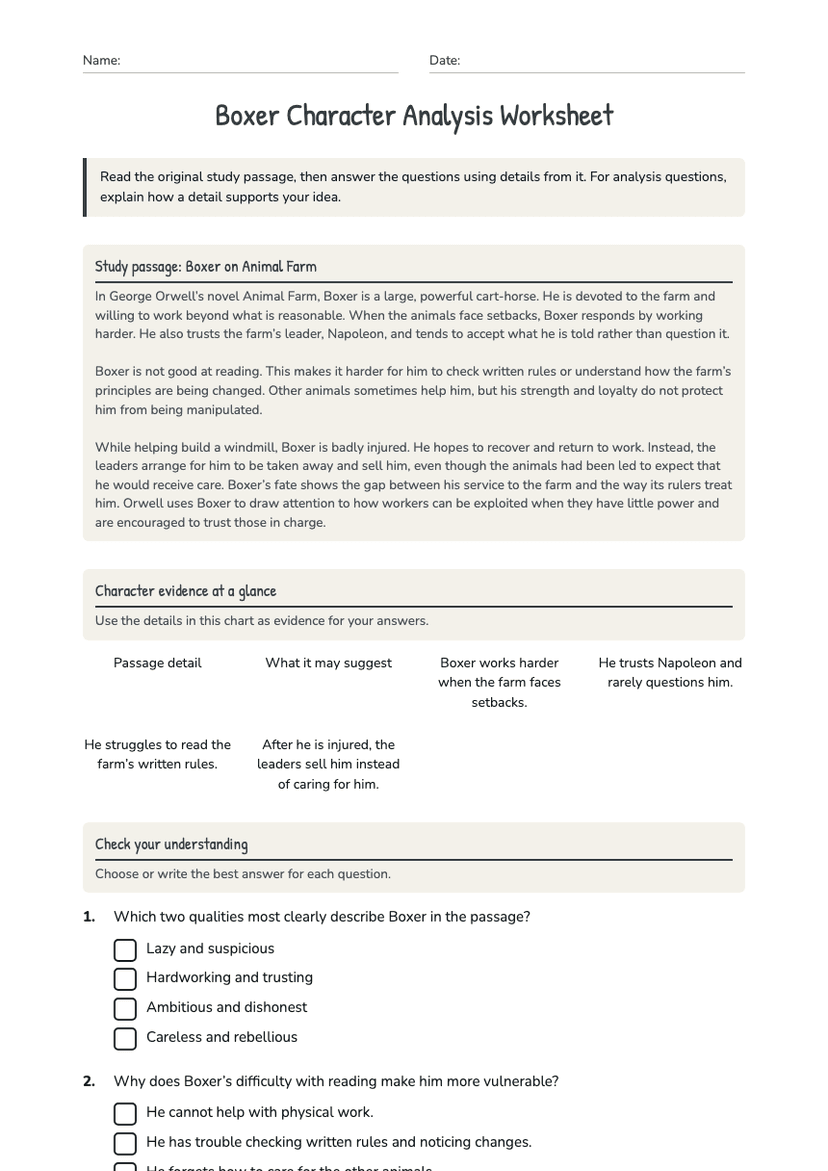 Boxer Character Analysis Worksheet