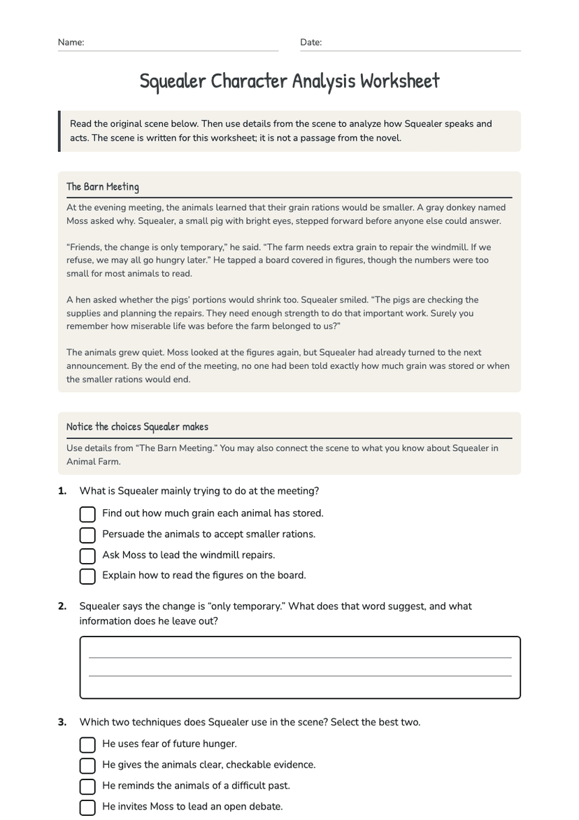 Squealer Character Analysis Worksheet