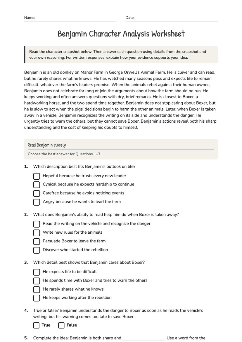 Benjamin Character Analysis Worksheet