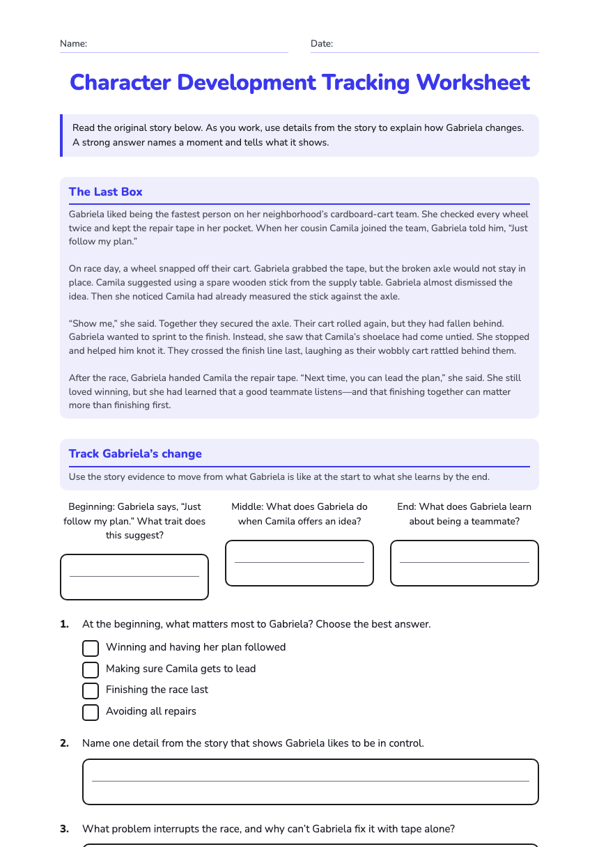 Character Development Tracking Worksheet worksheet preview