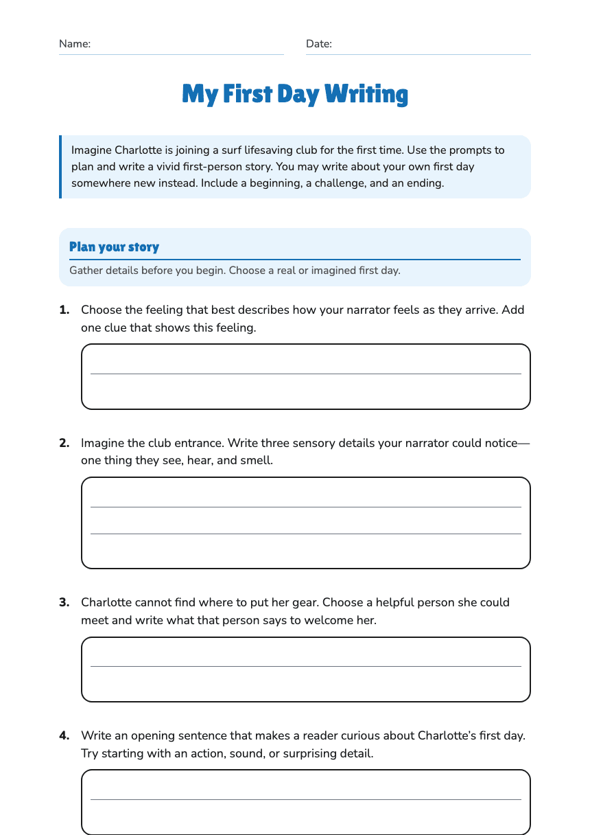 My First Day Writing worksheet preview