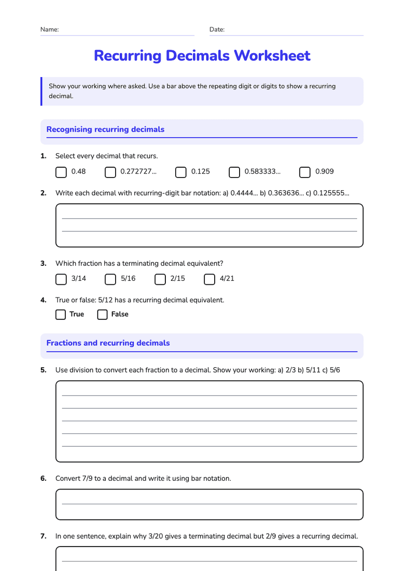 Recurring Decimals Worksheet