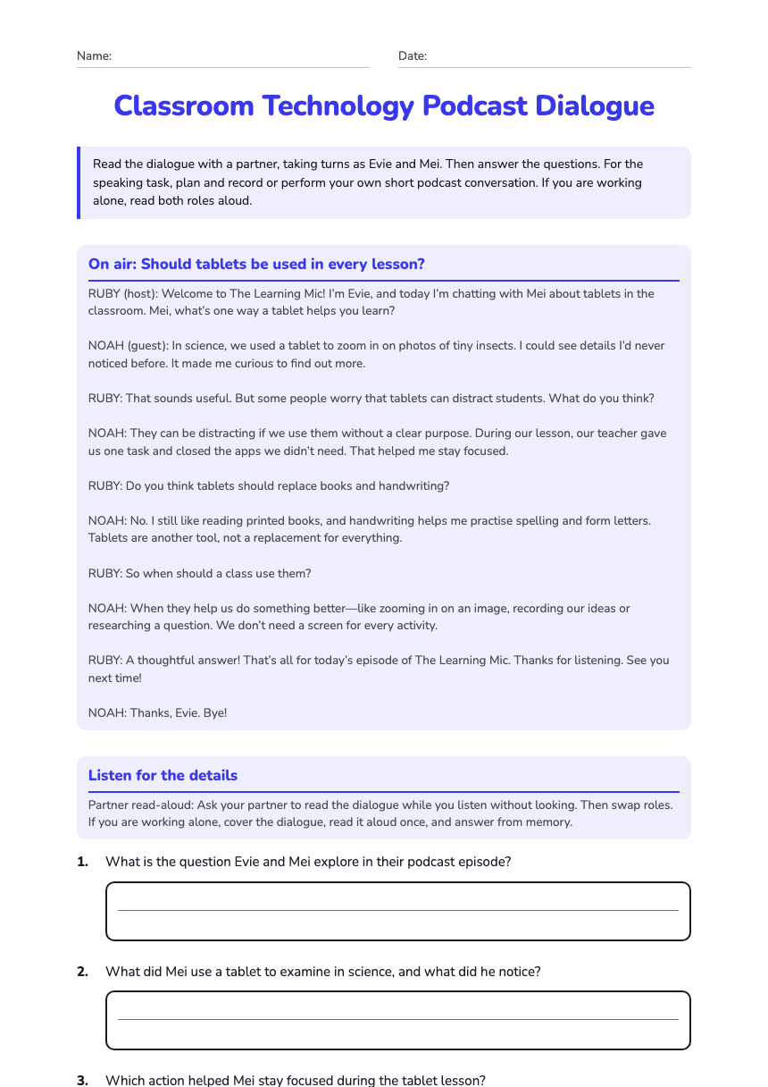 Classroom Technology Podcast Dialogue worksheet preview