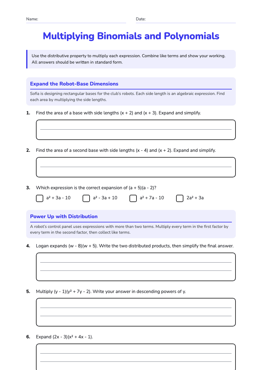 Multiplying Binomials and Polynomials worksheet preview