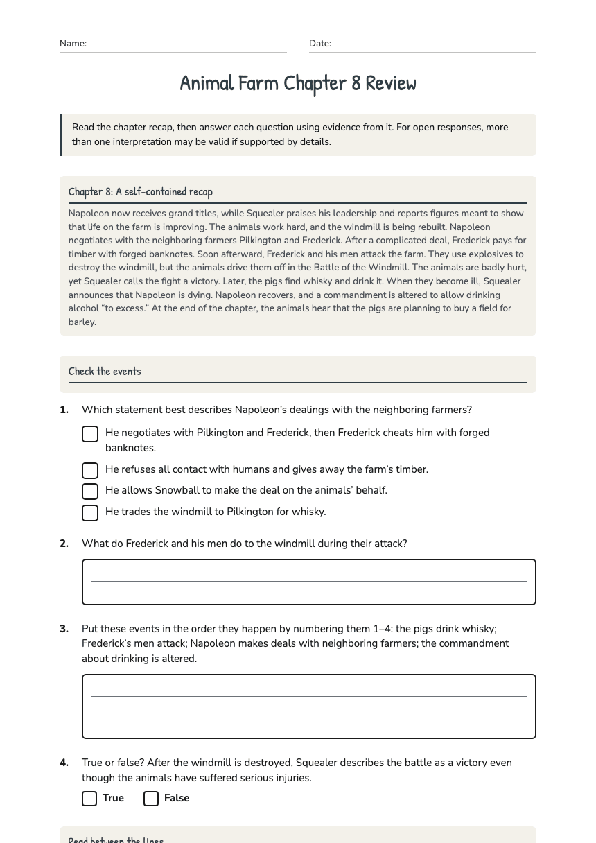 Animal Farm Chapter 8 Review worksheet preview