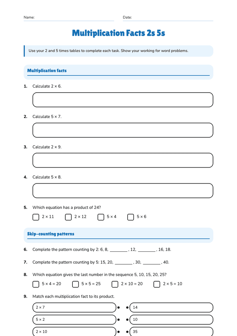 Multiplication Facts 2s 5s