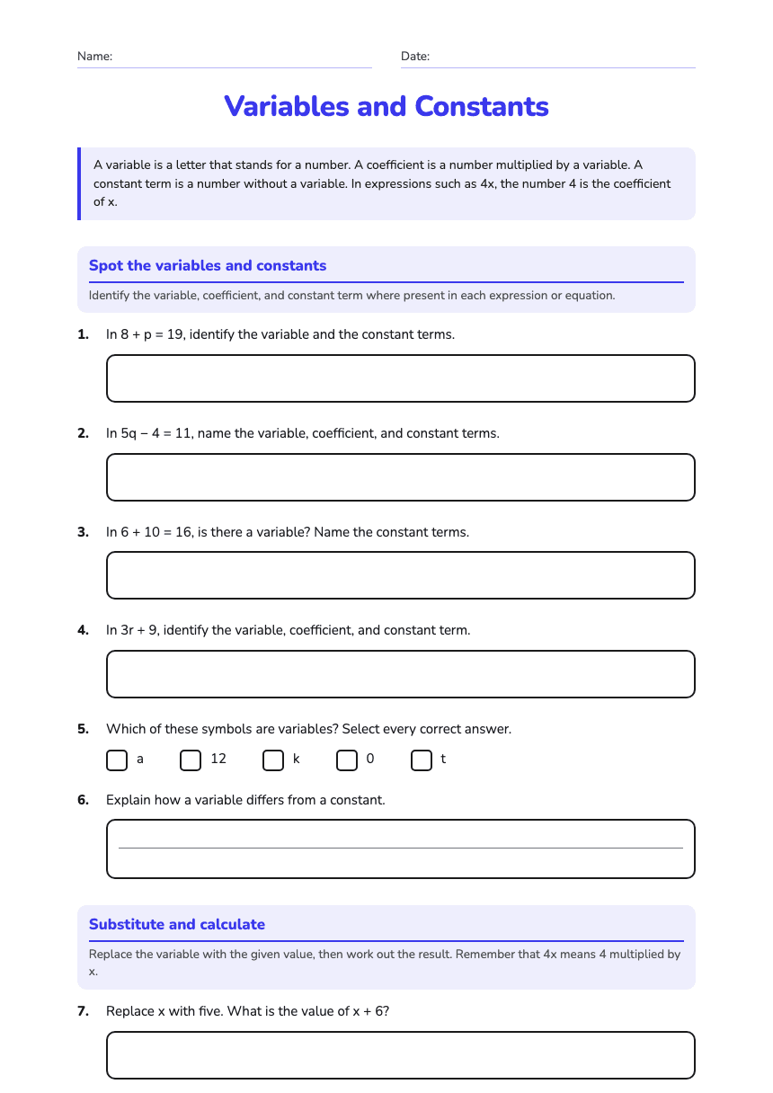 Variables and Constants worksheet preview
