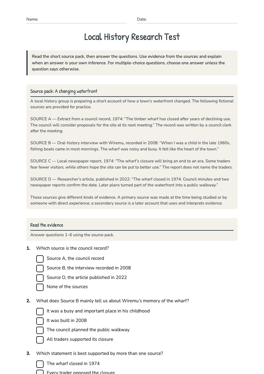 Local History Research Test worksheet preview