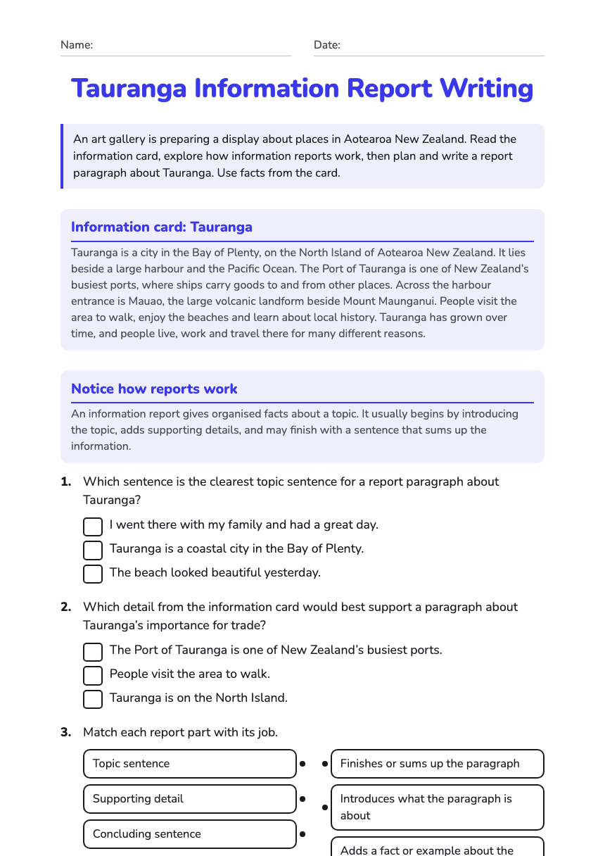 Tauranga Information Report Writing worksheet preview