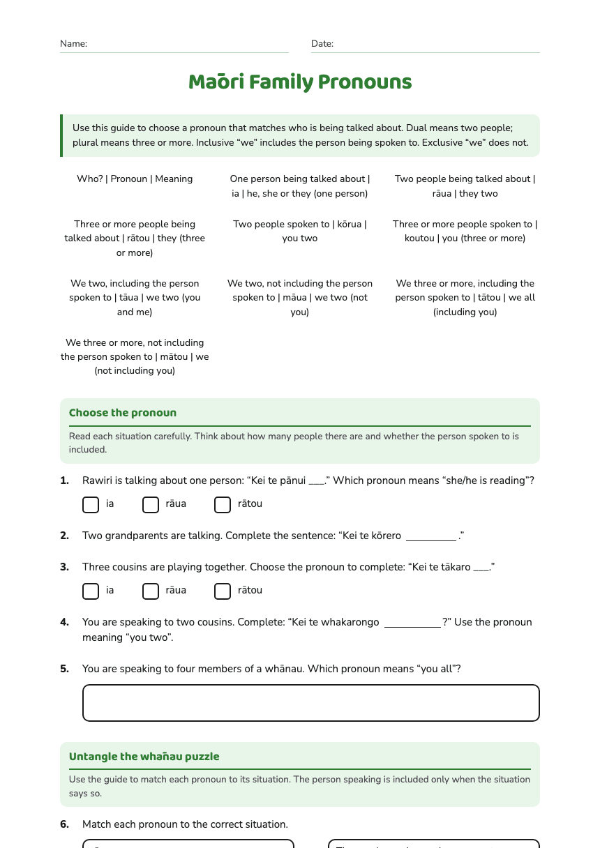 Māori Family Pronouns worksheet preview