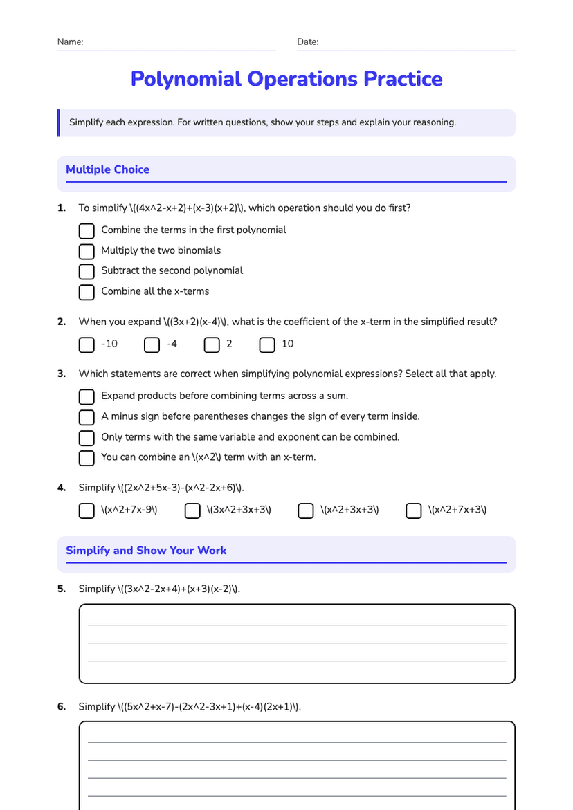 Polynomial Operations Practice