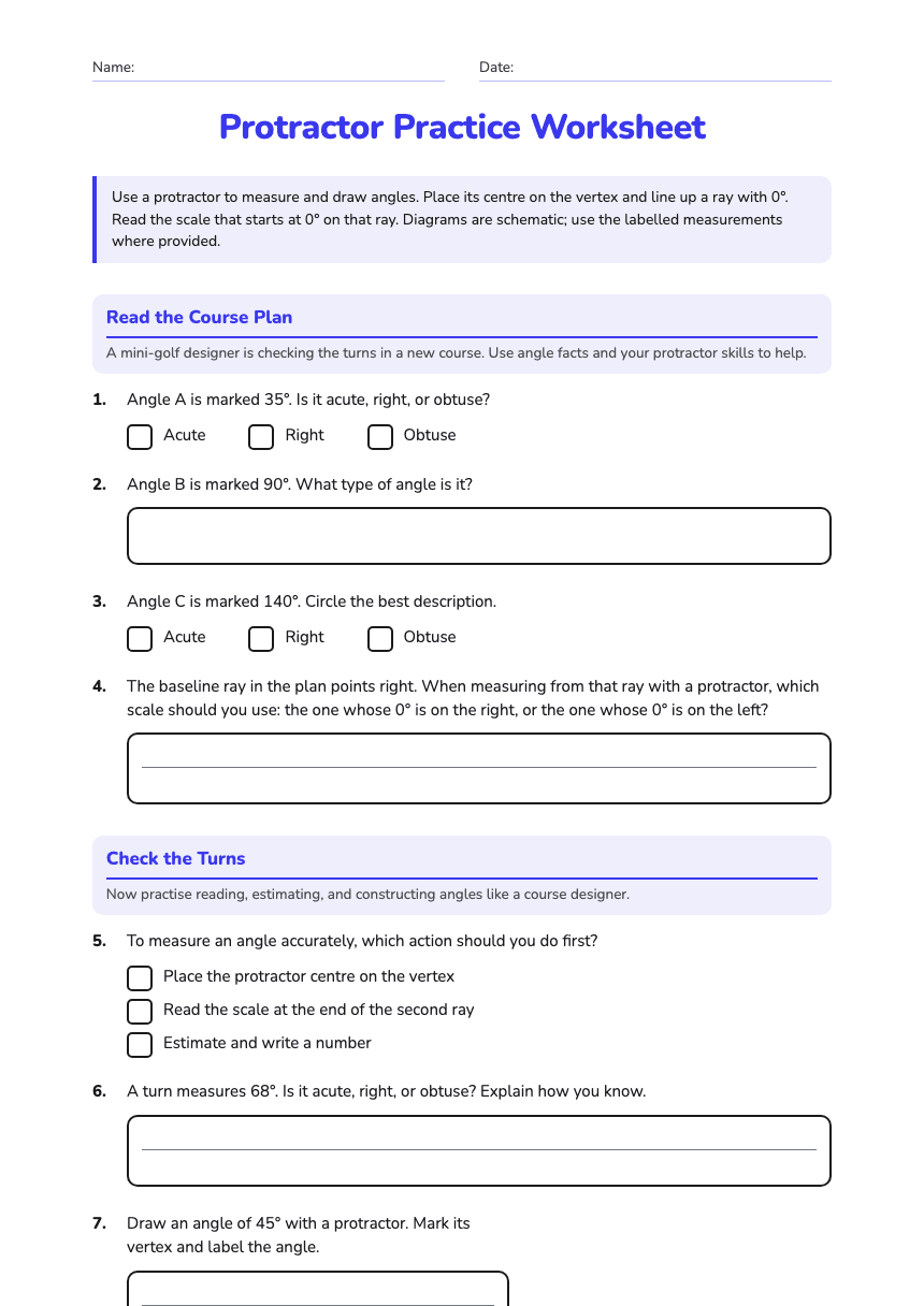 Protractor Practice Worksheet worksheet preview