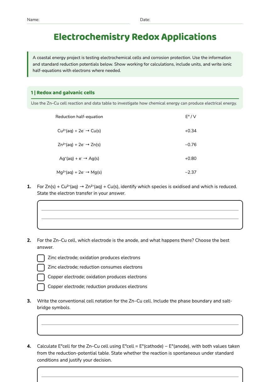 Electrochemistry Redox Applications worksheet preview
