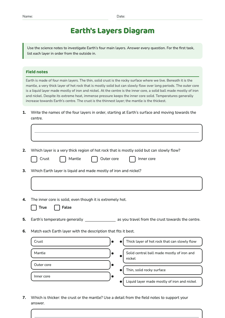 Earth's Layers Diagram worksheet preview