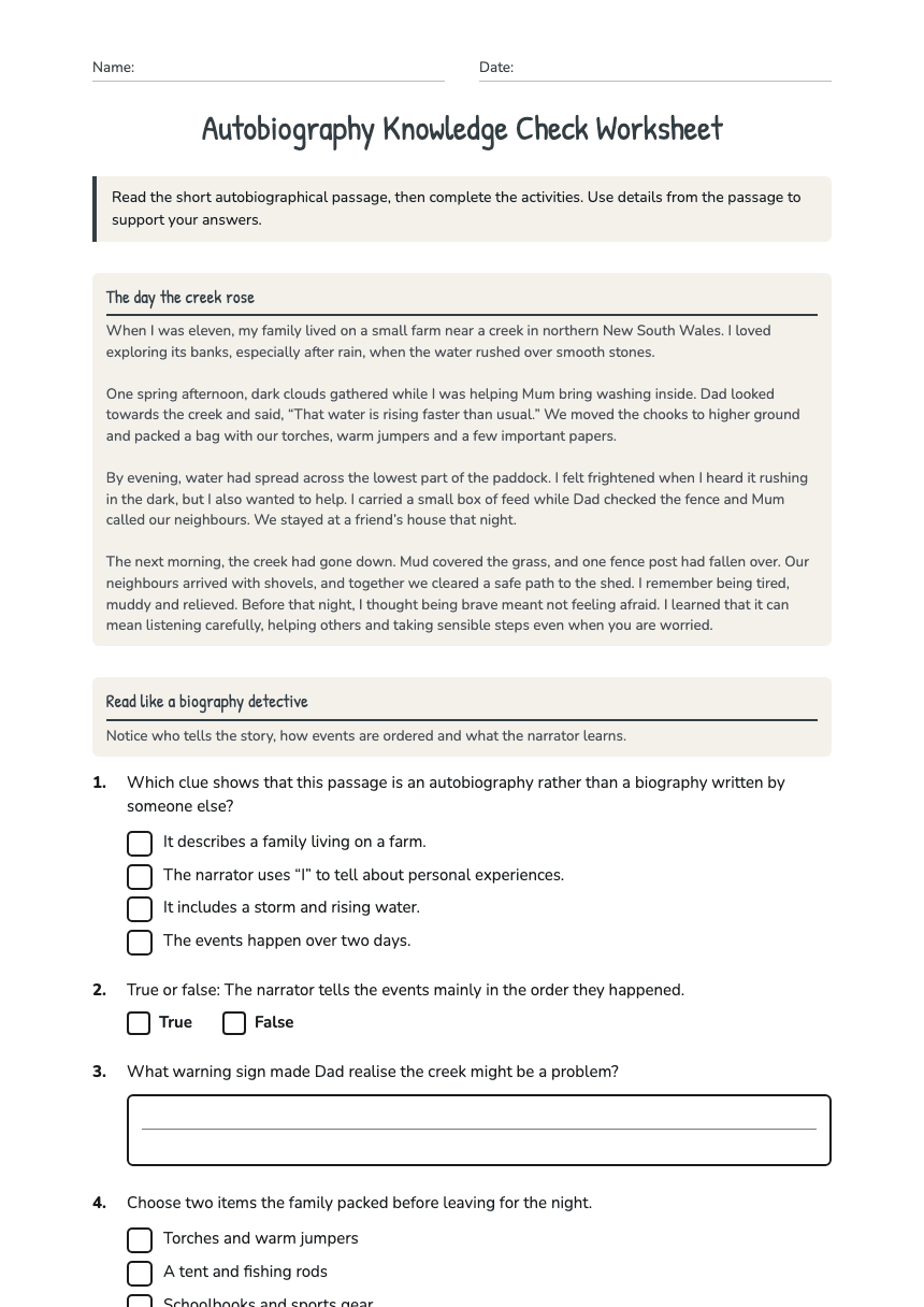 Autobiography Knowledge Check Worksheet worksheet preview
