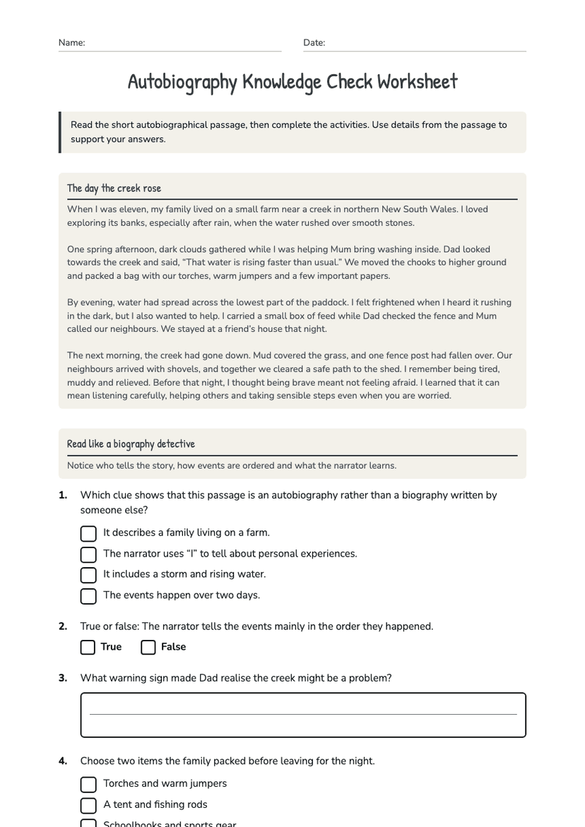 Autobiography Knowledge Check Worksheet