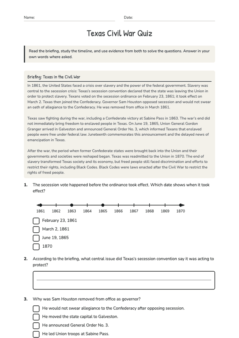 Texas Civil War Quiz