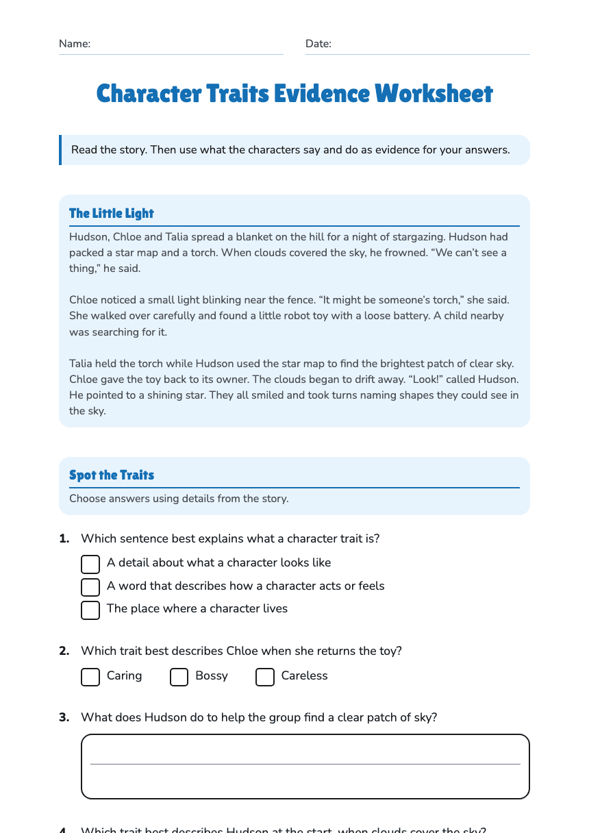 Character Traits Evidence Worksheet worksheet preview