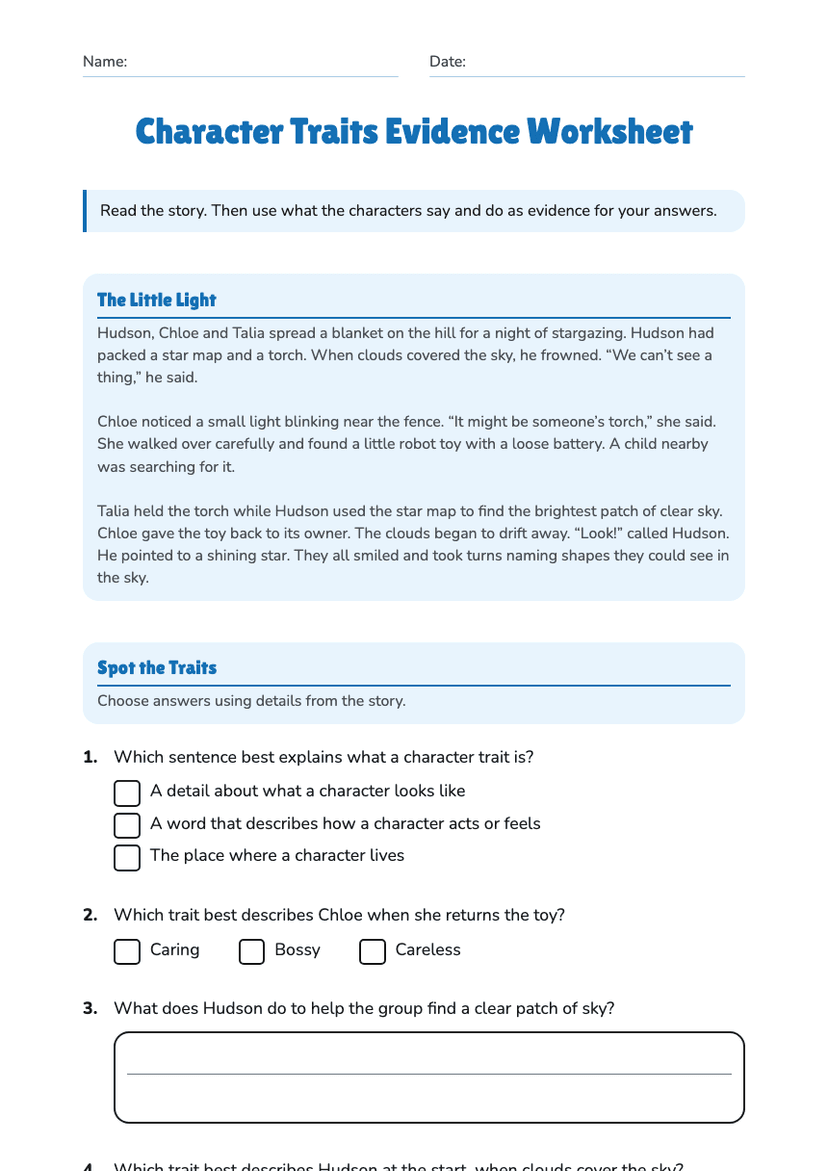 Character Traits Evidence Worksheet