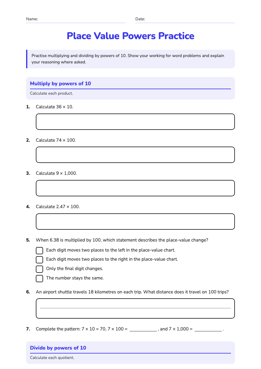 Place Value Powers Practice worksheet preview