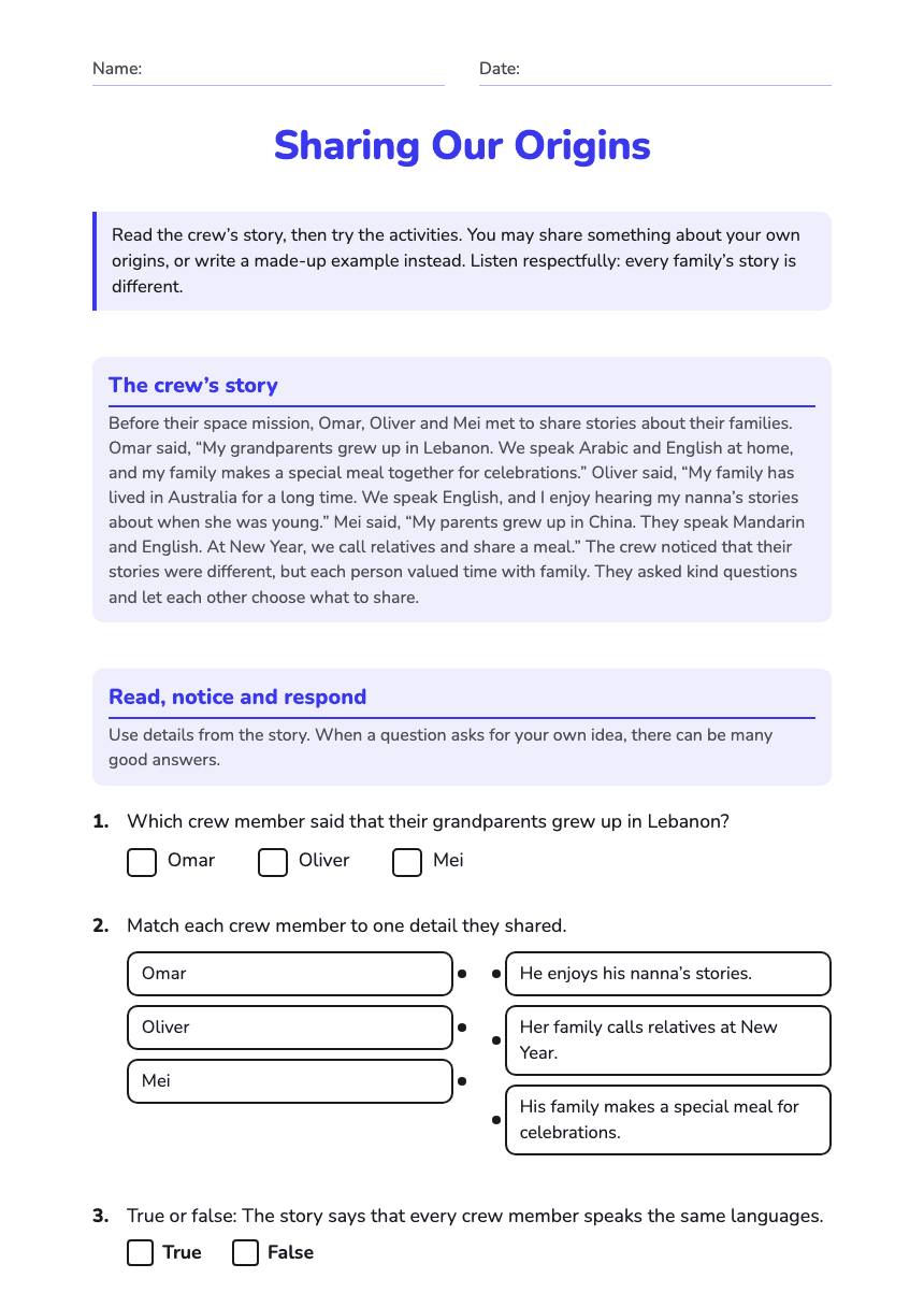 Sharing Our Origins worksheet preview