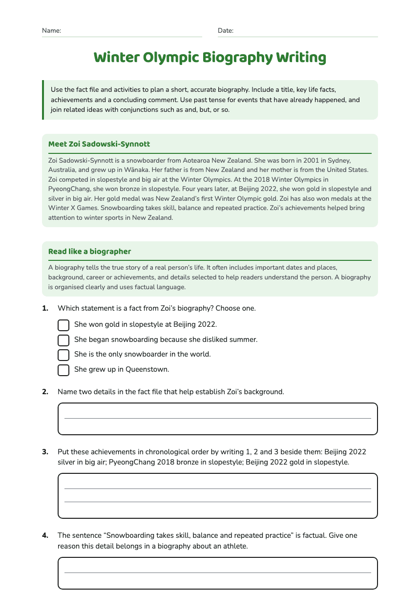 Winter Olympic Biography Writing worksheet preview