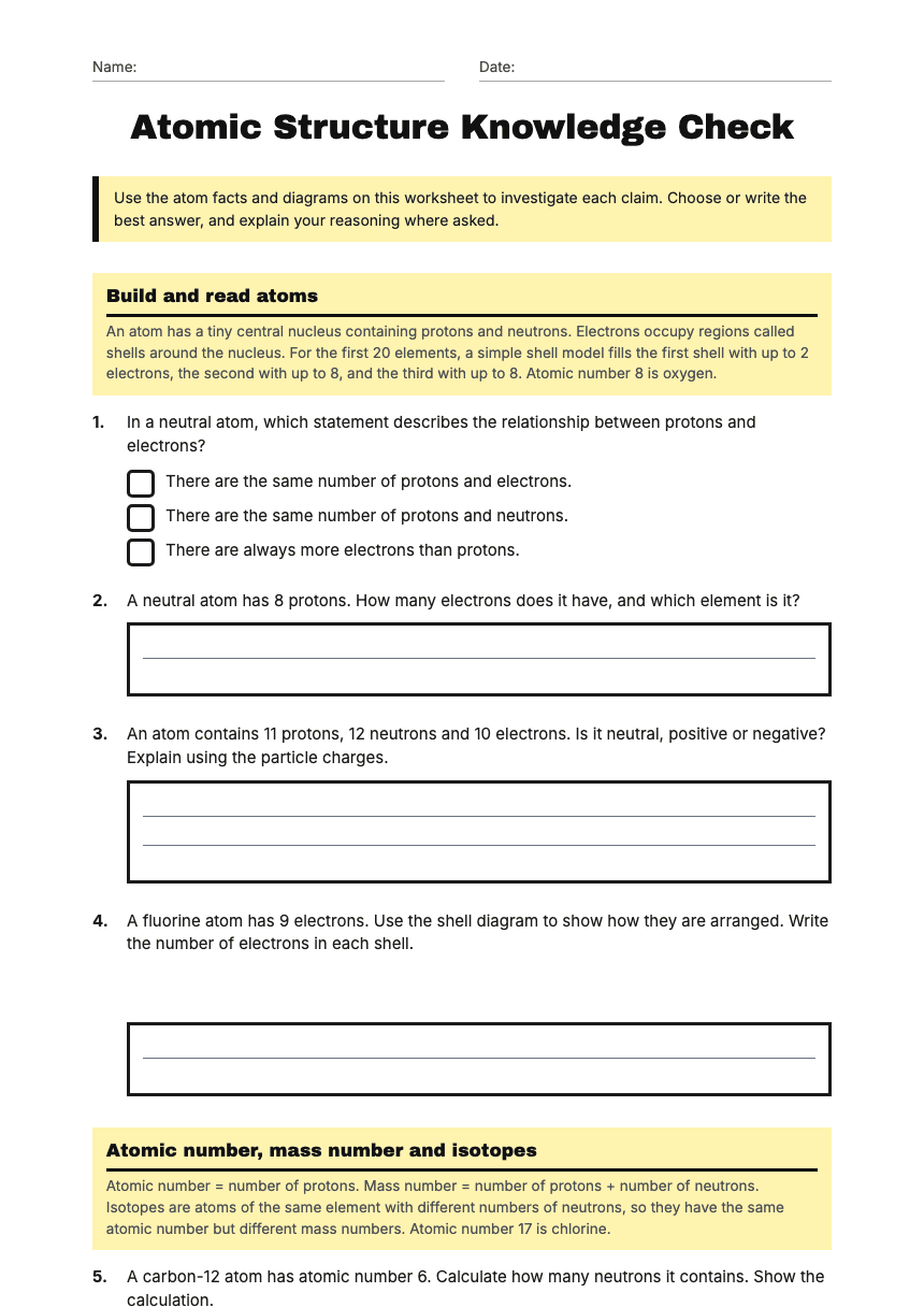 Atomic Structure Knowledge Check worksheet preview