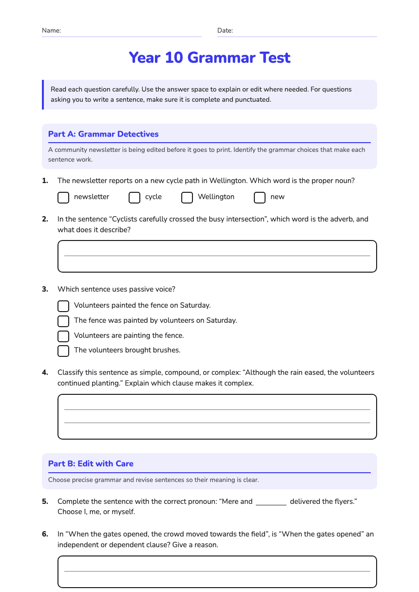 Year 10 Grammar Test worksheet preview