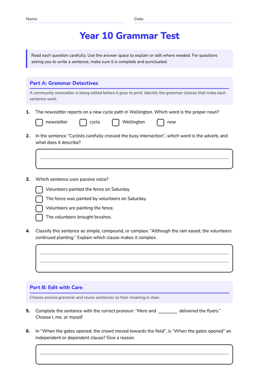 Year 10 Grammar Test