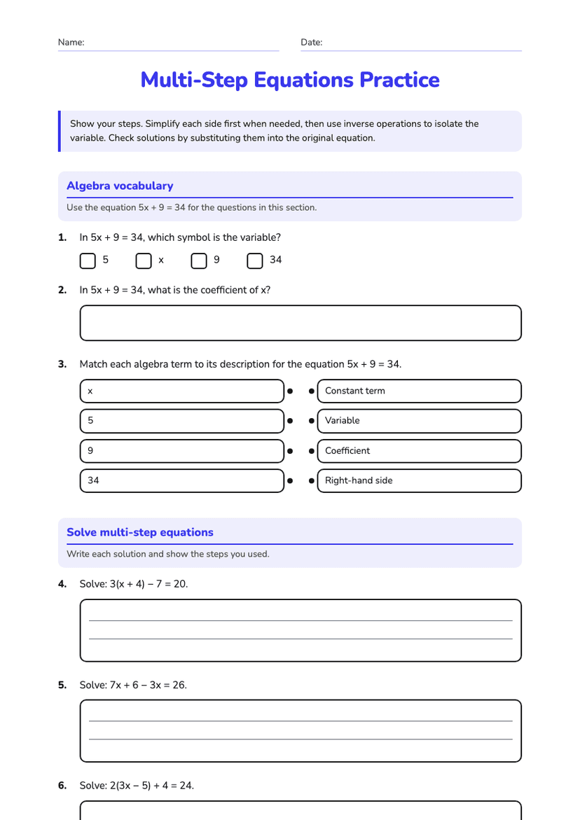 Multi-Step Equations Practice