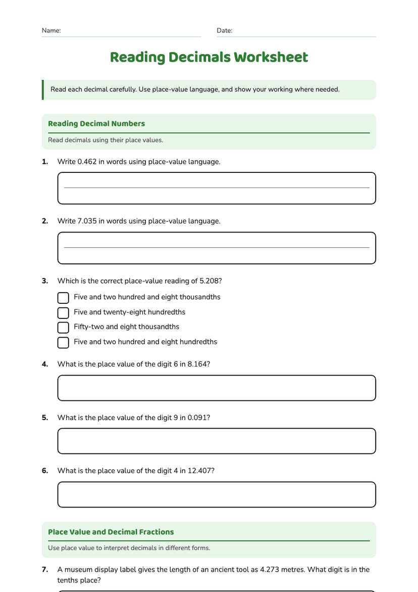 Reading Decimals Worksheet