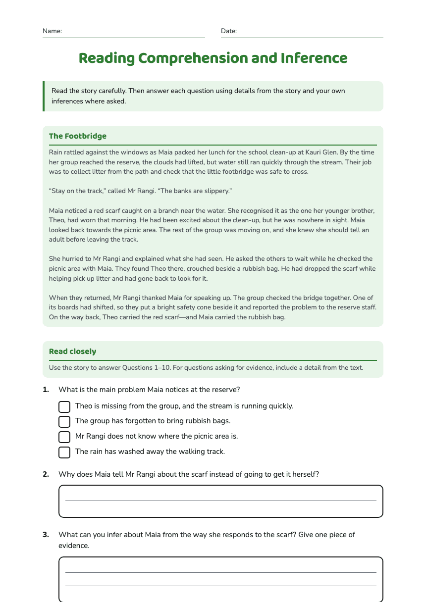 Reading Comprehension and Inference worksheet preview