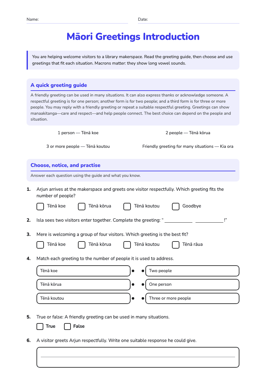 Māori Greetings Introduction worksheet preview