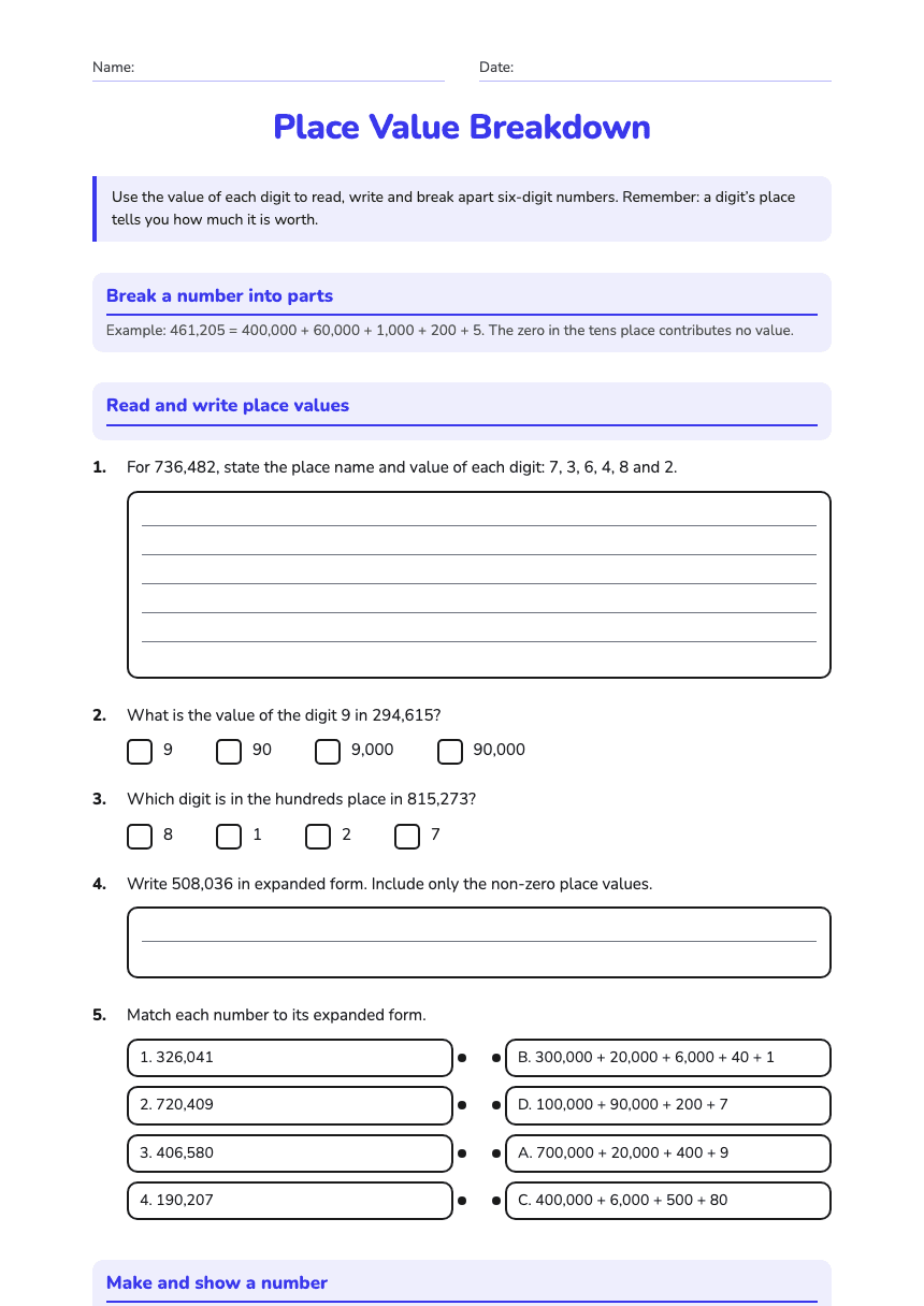 Place Value Breakdown worksheet preview