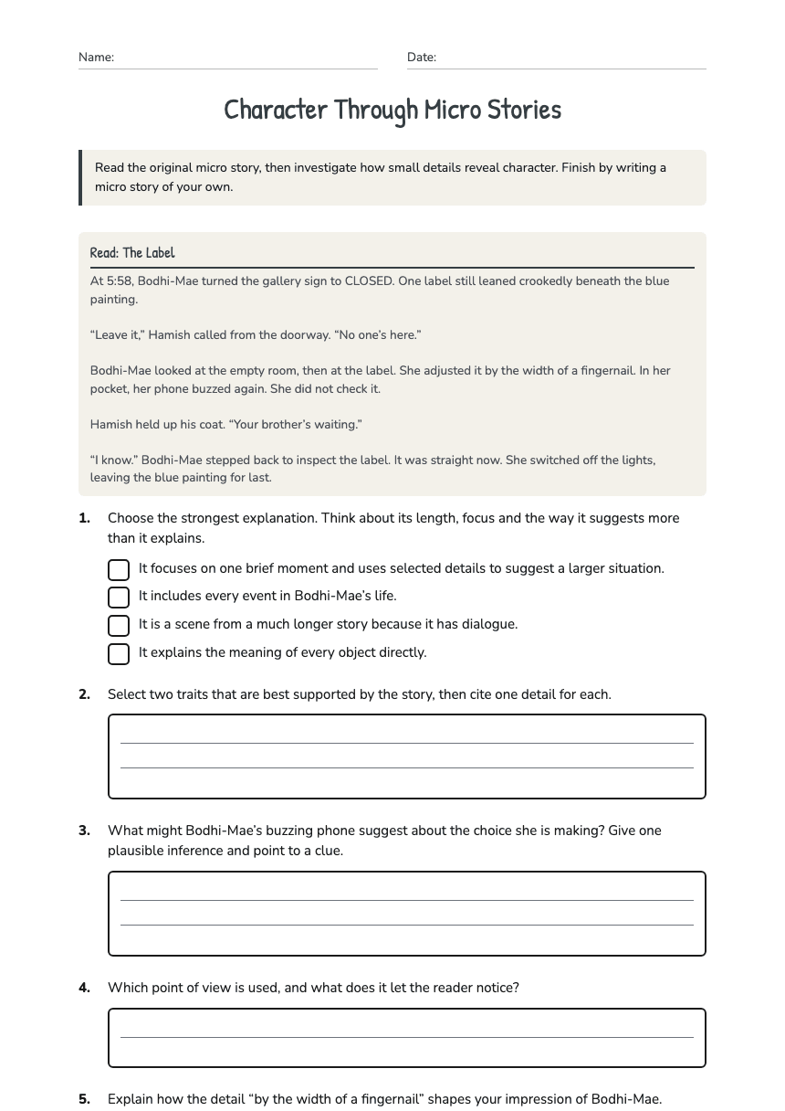 Character Through Micro Stories worksheet preview